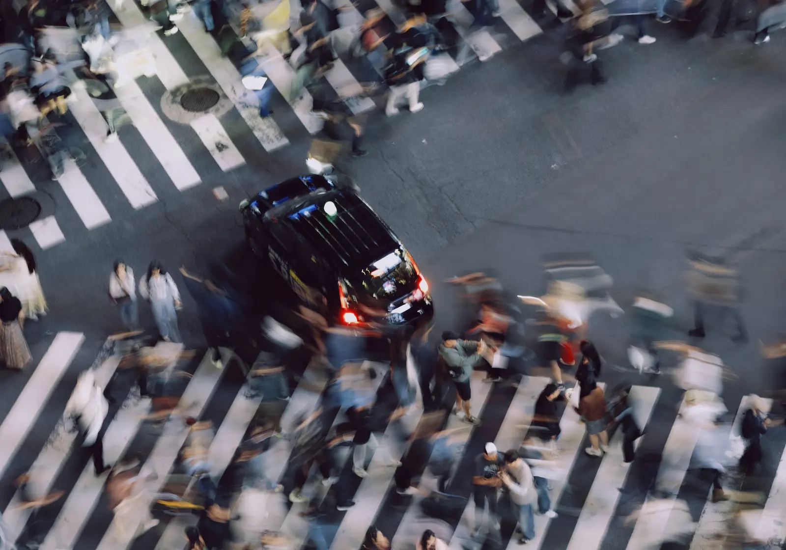 A busy street scene viewed from above